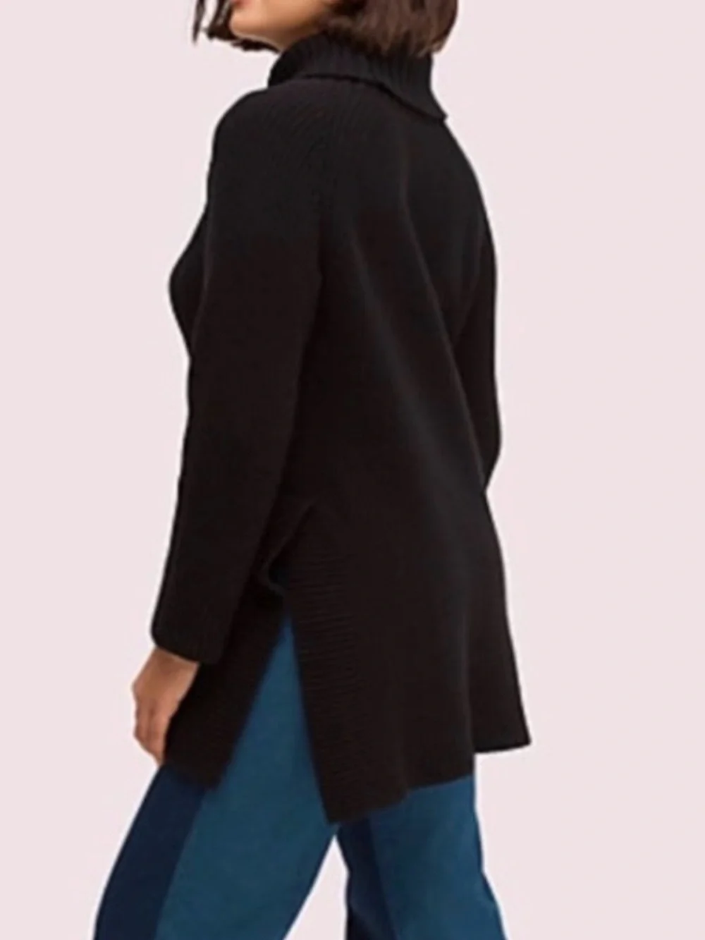 Kate Spade Black Turtleneck Knit Tunic Sweater XS Side Splits Cotton Cashmere